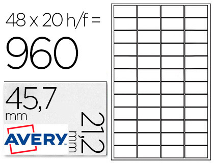 20 hojas A4 960 etiquetas adhesivas Avery 45,7x21,2mm. poliéster plata